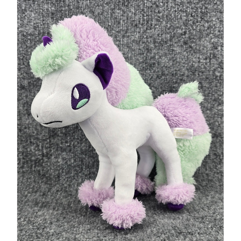 Pokemon Galarian Ponyta Plush 9" White Purple Green Fluffy Mane Psychic Horn